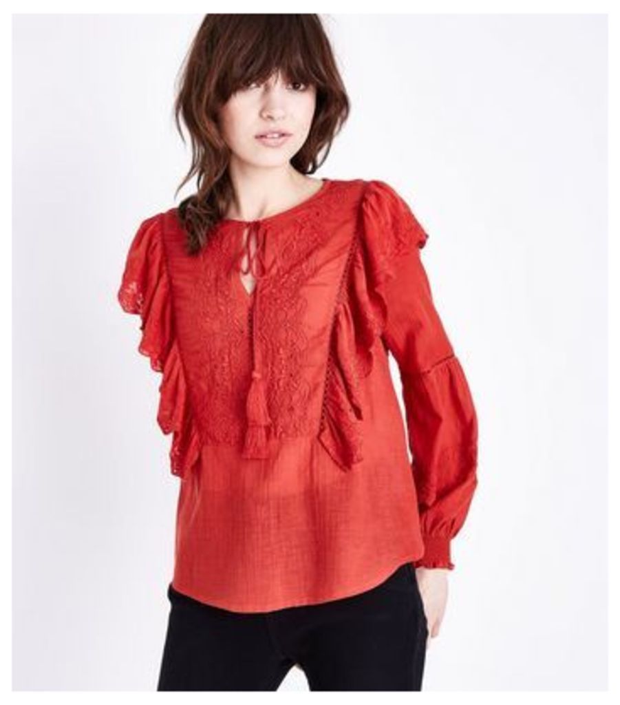 Red Embroidered Frill Trim Tassel Tie Blouse New Look