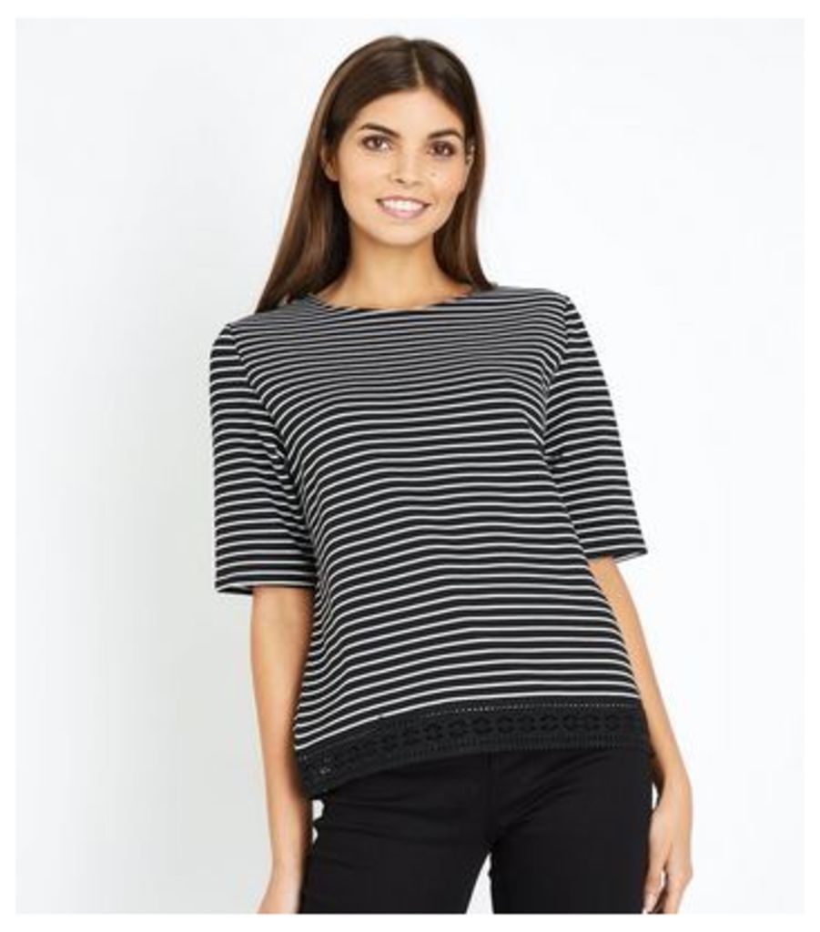 Black Stripe Lace Hem T-Shirt New Look