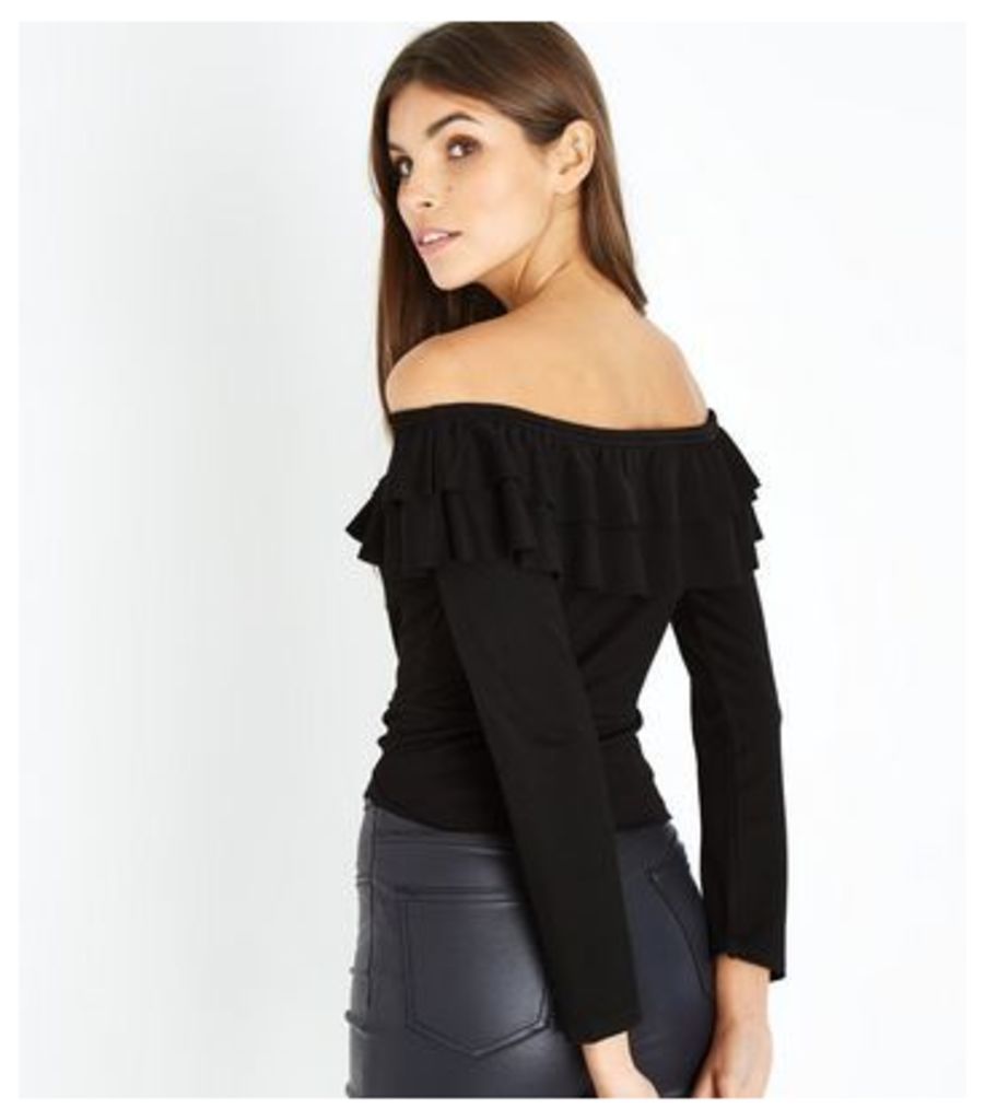 Black Tie Front Double Frill Bardot Top New Look