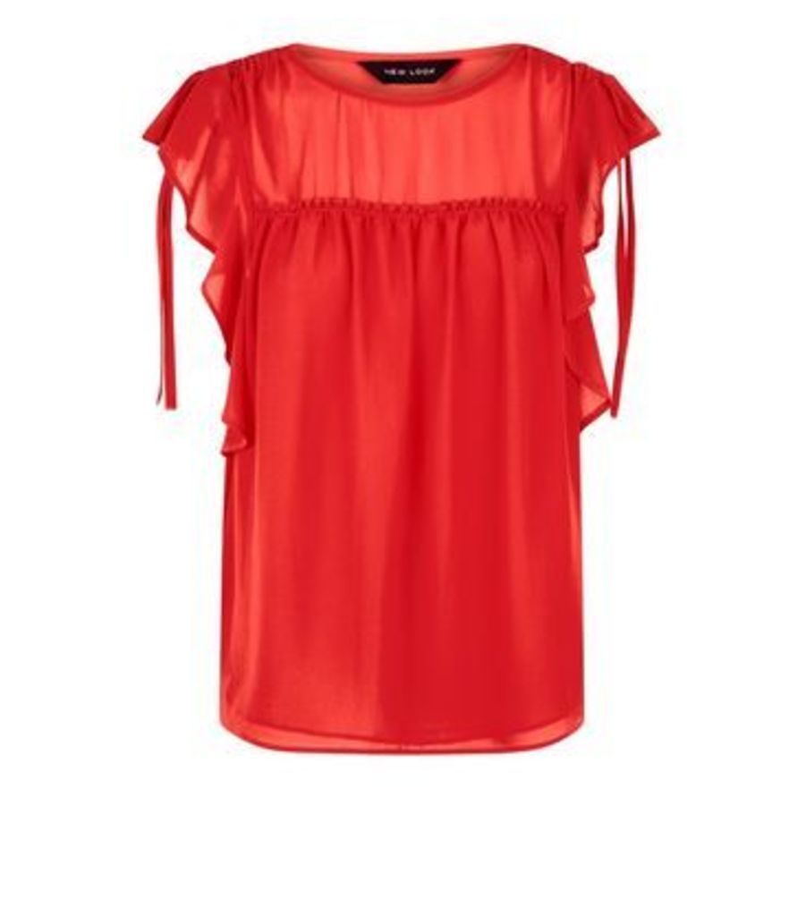 Red Ruched Frill Trim Top New Look
