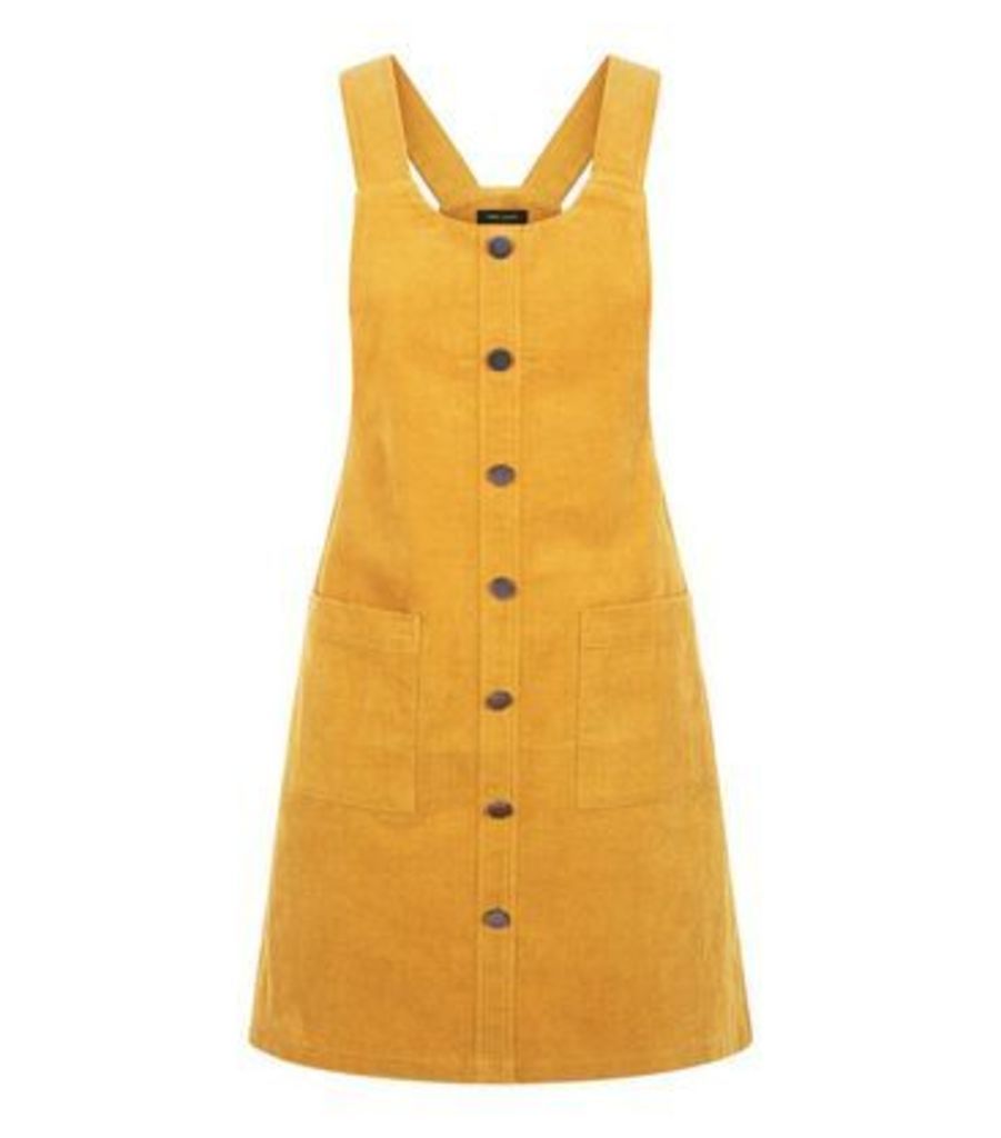 Mustard Button Front Corduroy Pinafore Dress New Look