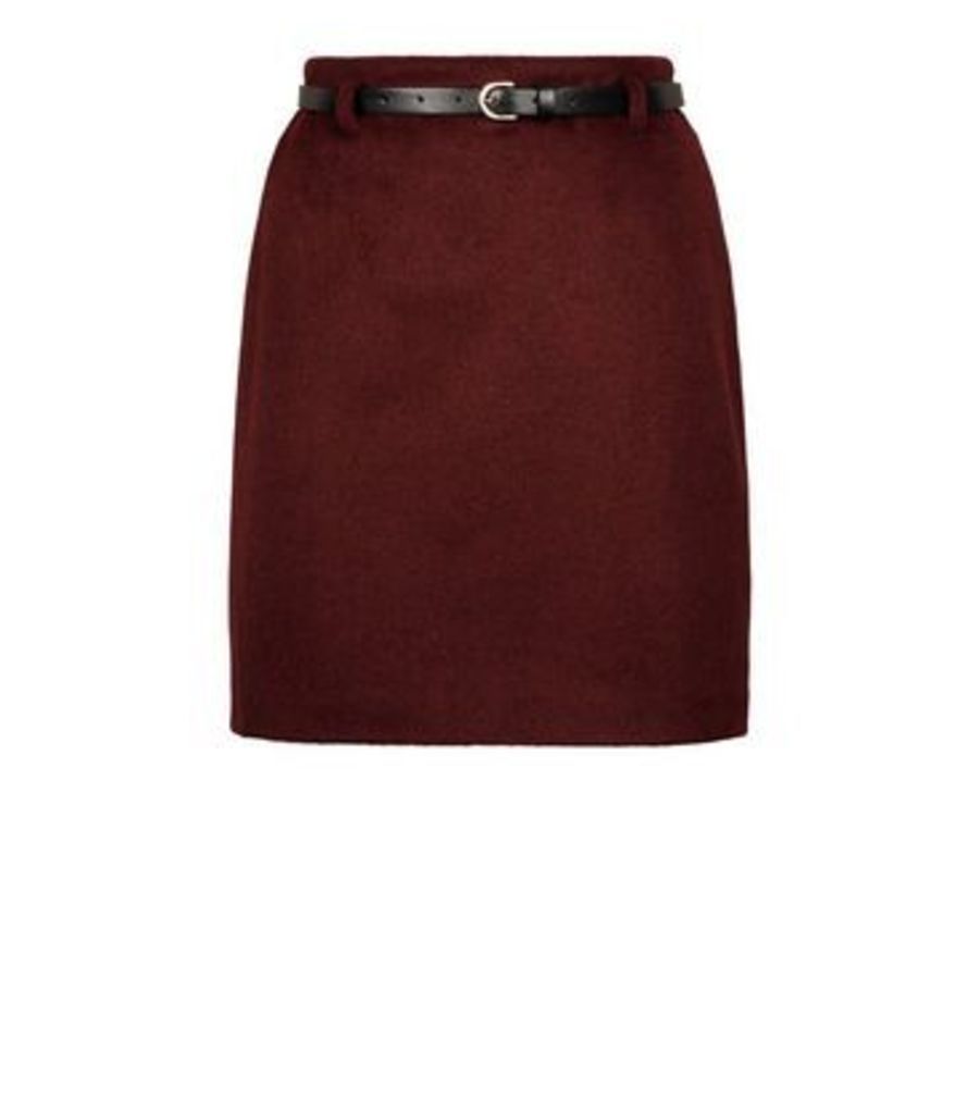 Burgundy Belted Brushed Twill A-Line Skirt New Look