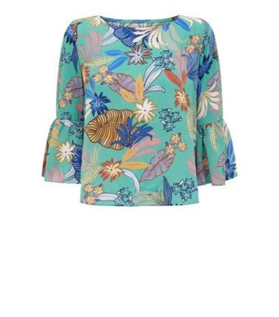 Green Tropical Bell Sleeve Top New Look