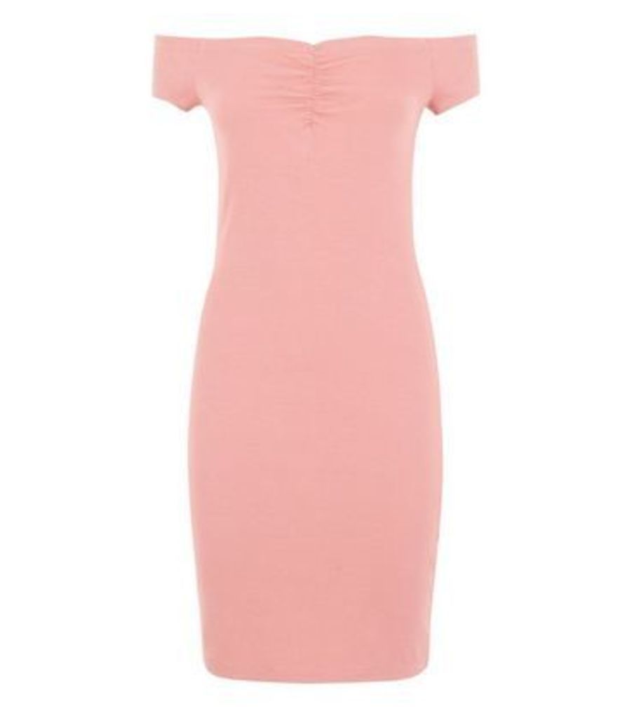 Coral Ruched Bardot Bodycon Dress New Look