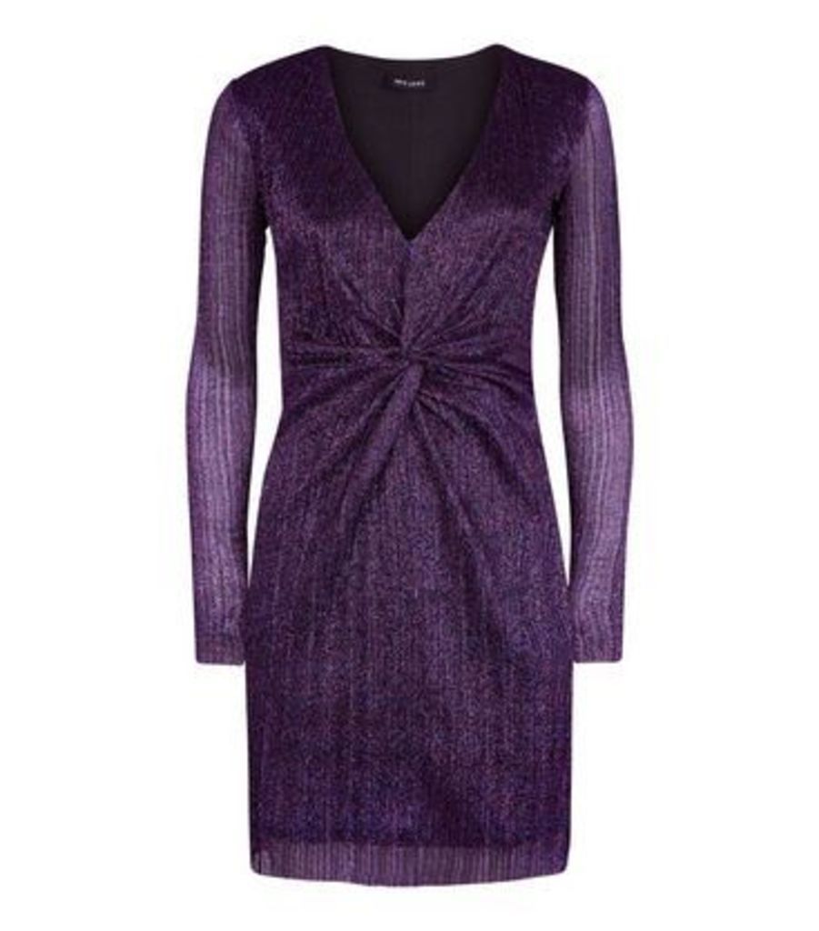 Purple Glitter Plissé Twist Front Mini Dress New Look