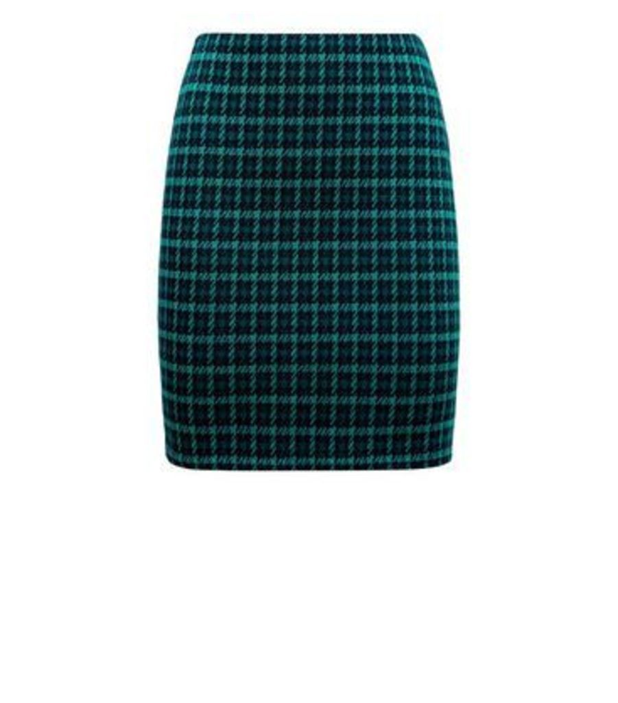 Teal Houndstooth Check Tube Skirt New Look