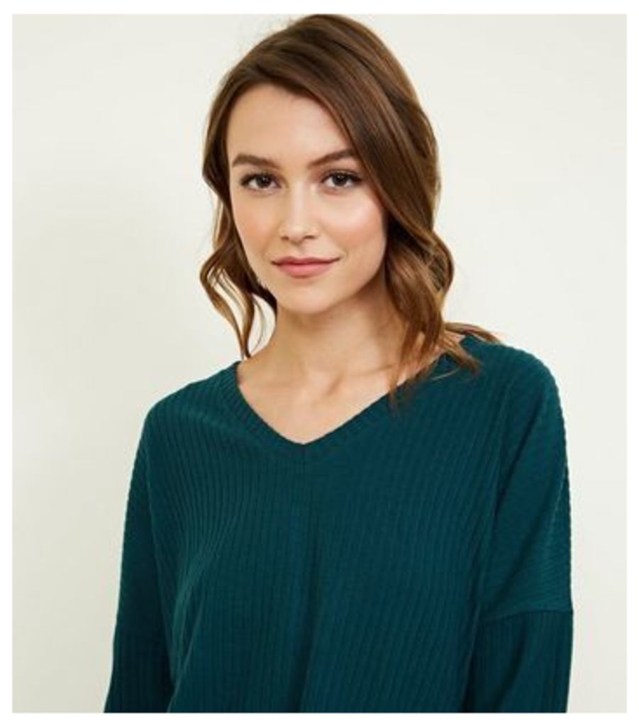 Dark Green Ribbed Brushed Jersey Top New Look