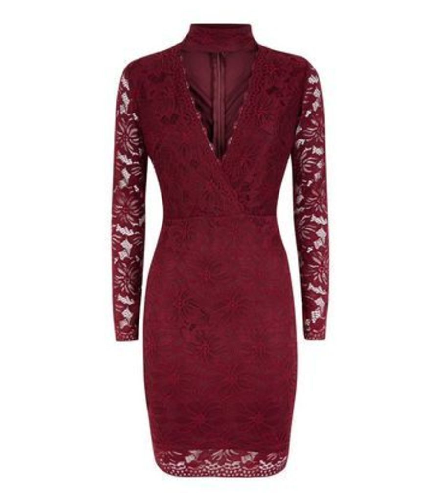 Burgundy Lace Choker Neck Dress New Look