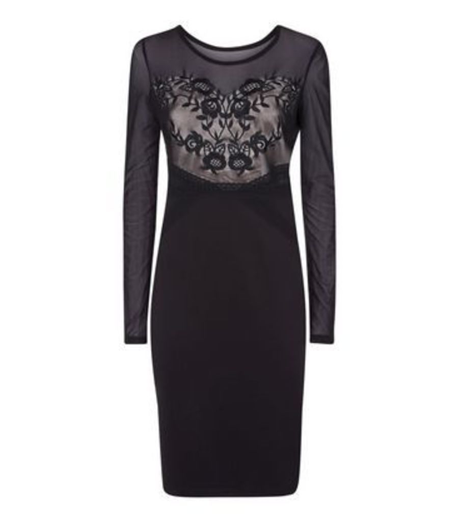 Black Floral Embroidered Mesh Dress New Look
