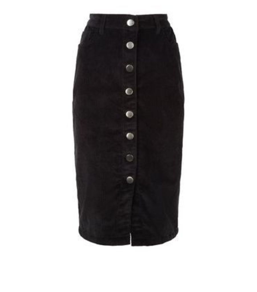 Black Corduroy Button Front Midi Pencil Skirt New Look