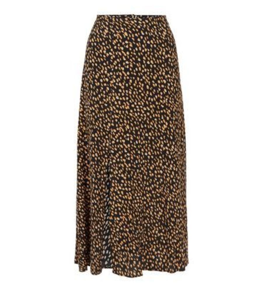 Black Spot Print Side Split Midi Skirt New Look