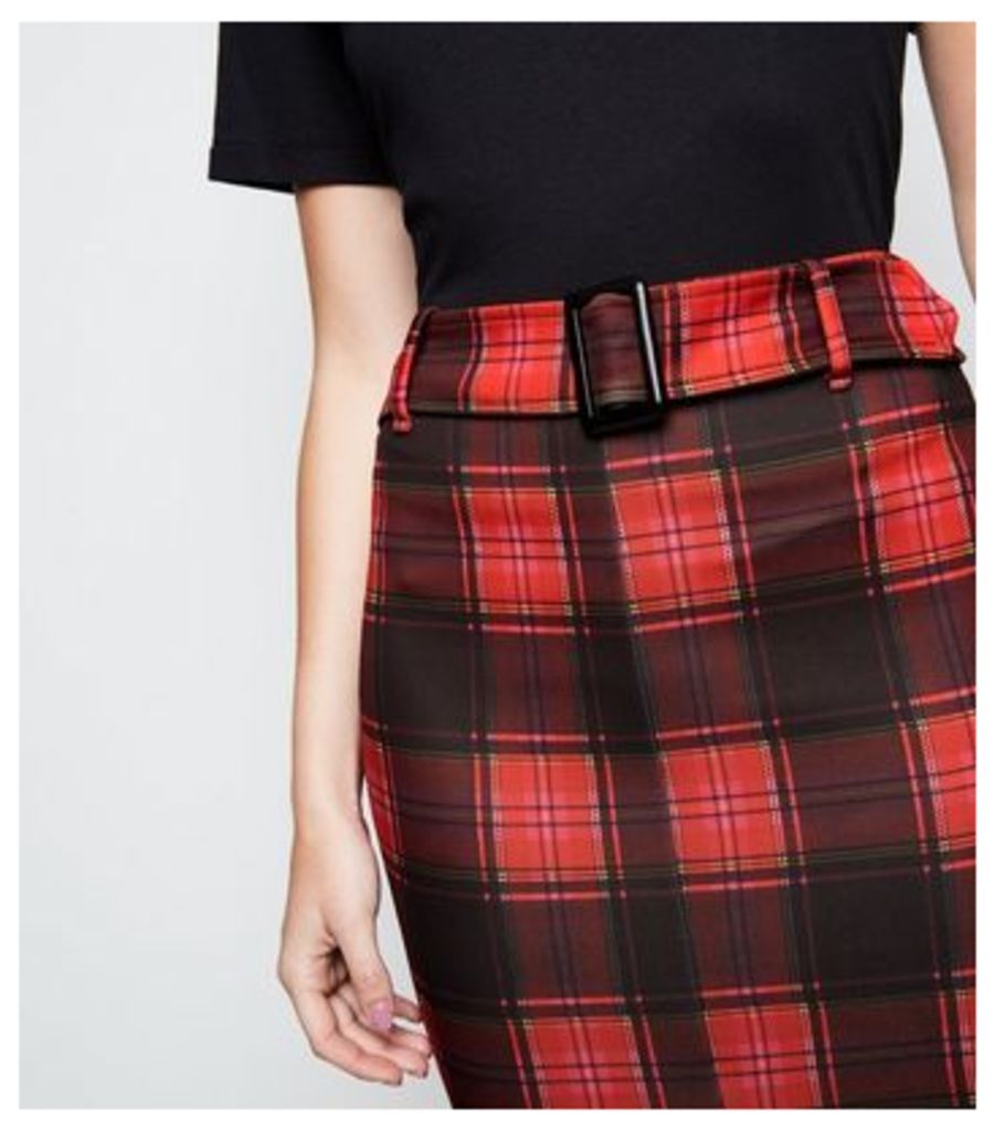 Cameo Rose Red Check Belted Midi Skirt New Look