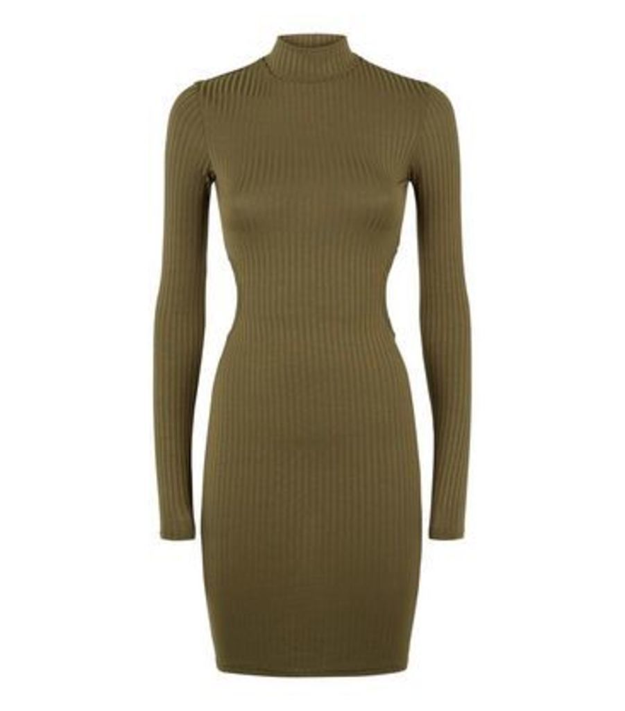 Khaki Ribbed Cut Out Back Bodycon Dress New Look