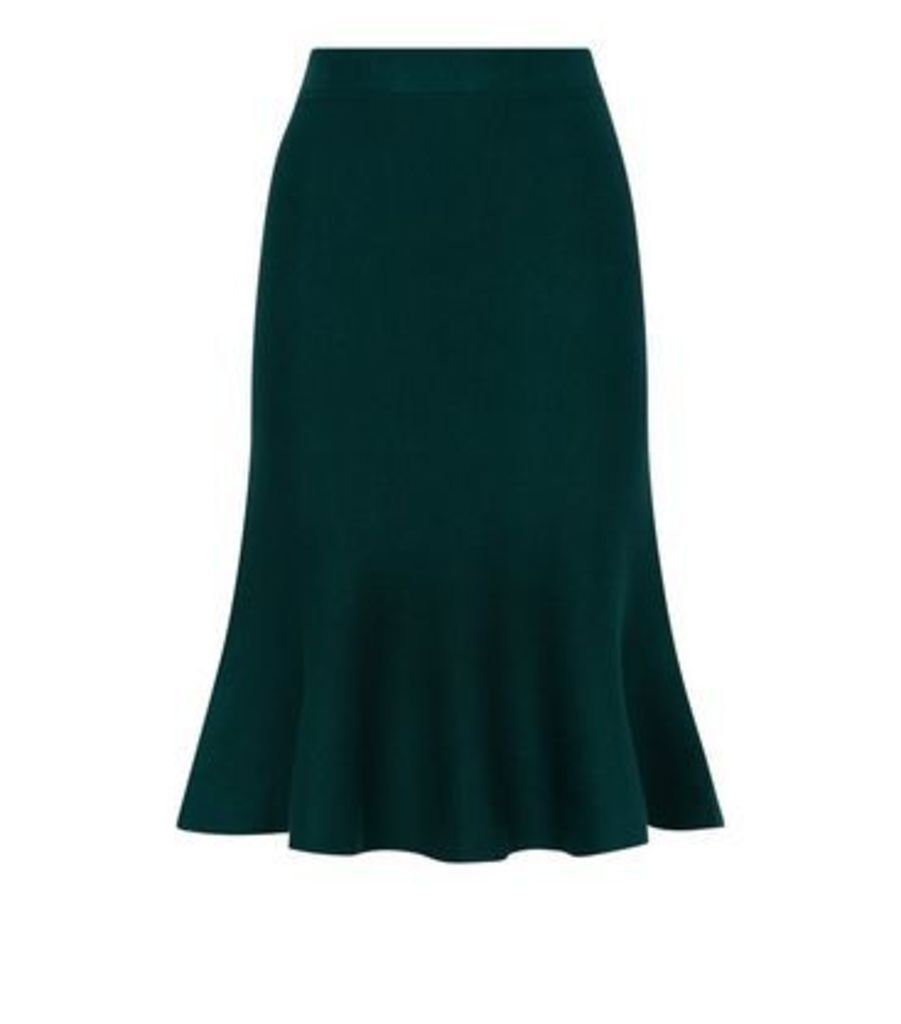 Dark Green Knit Fishtail Hem Midi Skirt New Look
