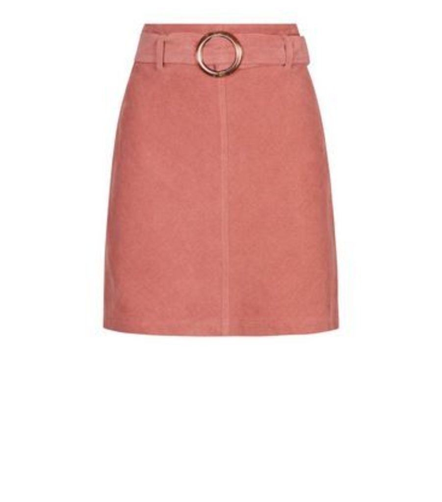Mid Pink Resin Buckle Belted Corduroy Skirt New Look