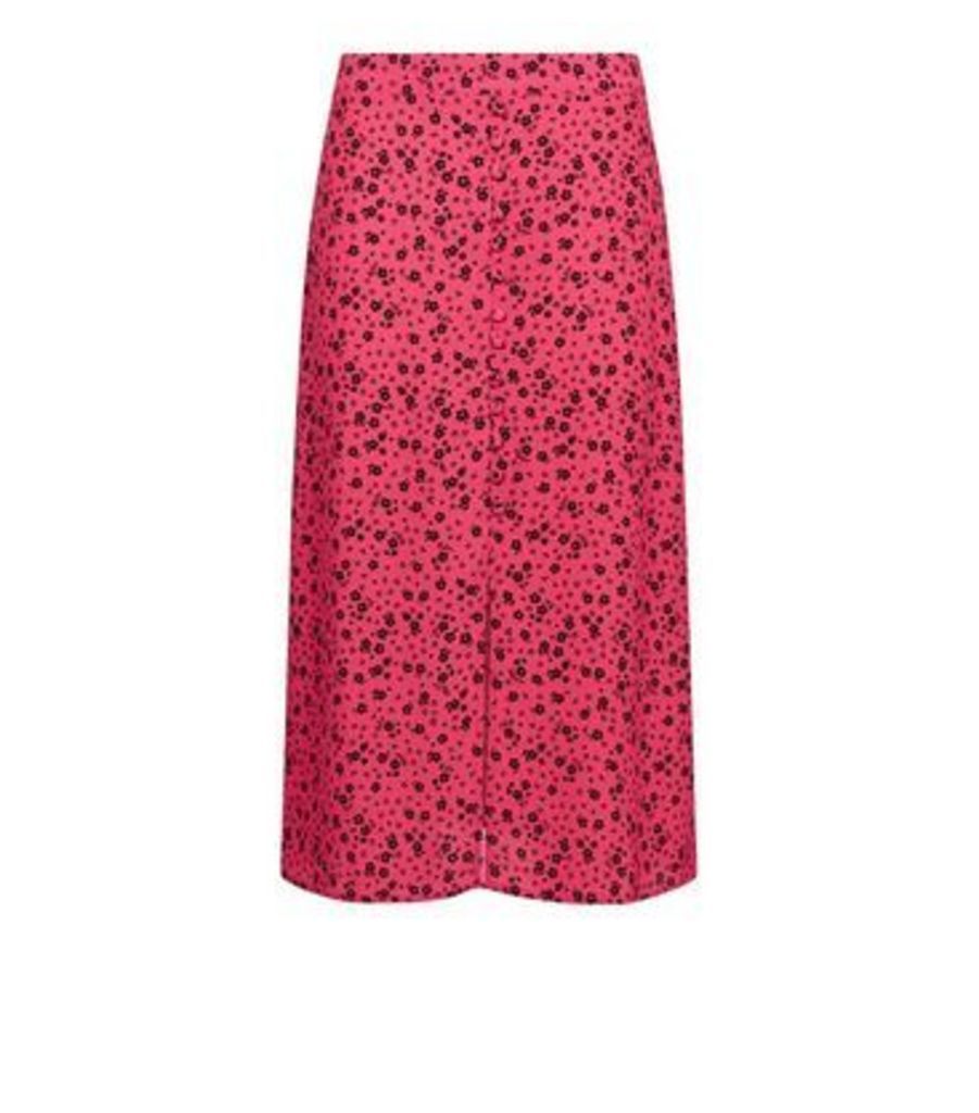 Petite Bright Pink Button Front Floral Midi Skirt New Look