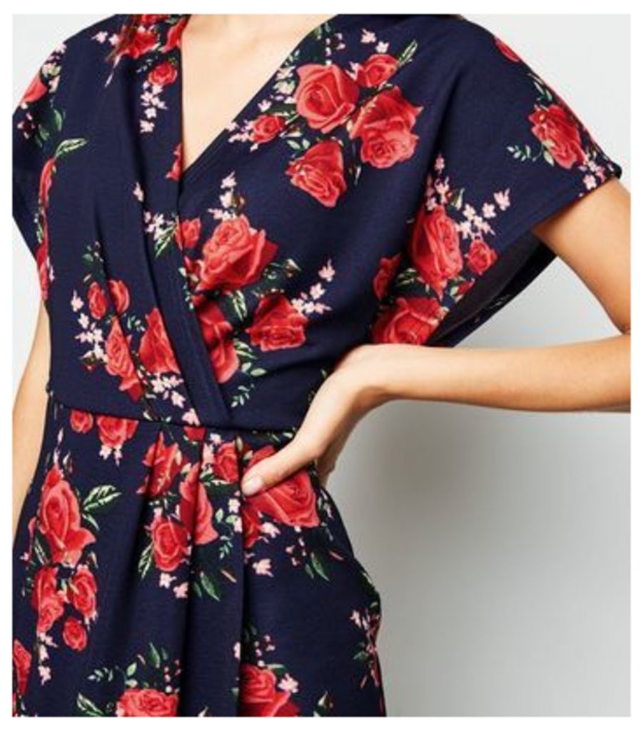 Navy Floral Wrap Front Dress New Look