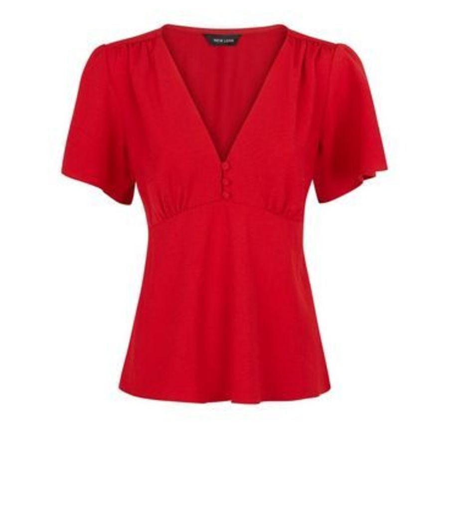 Red Button Front Tea Blouse New Look