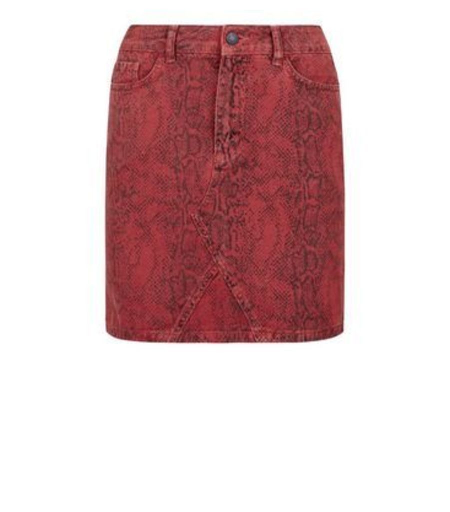 Red Snake Print Denim Skirt New Look