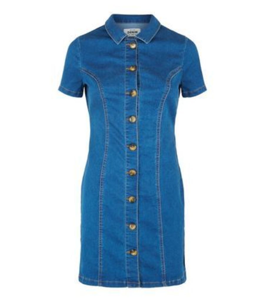 Blue Rinse Wash Button Up Denim Mini Dress New Look