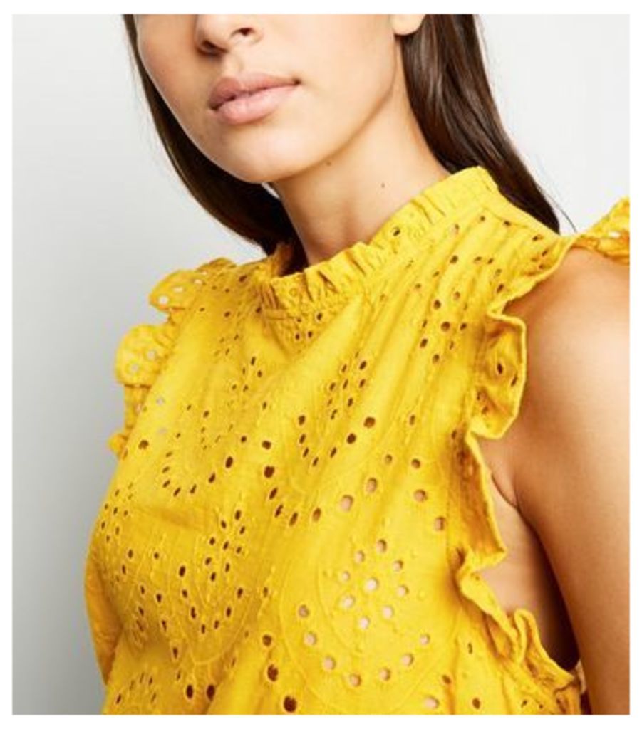 Yellow Cutwork Frill Trim Blouse New Look