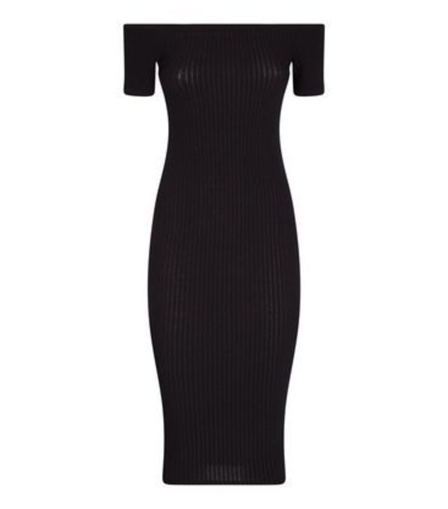 Black Ribbed Bardot Bodycon Midi Dress New Look