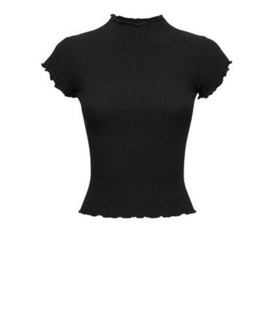 Petite Black Ribbed Frill Trim T-Shirt New Look