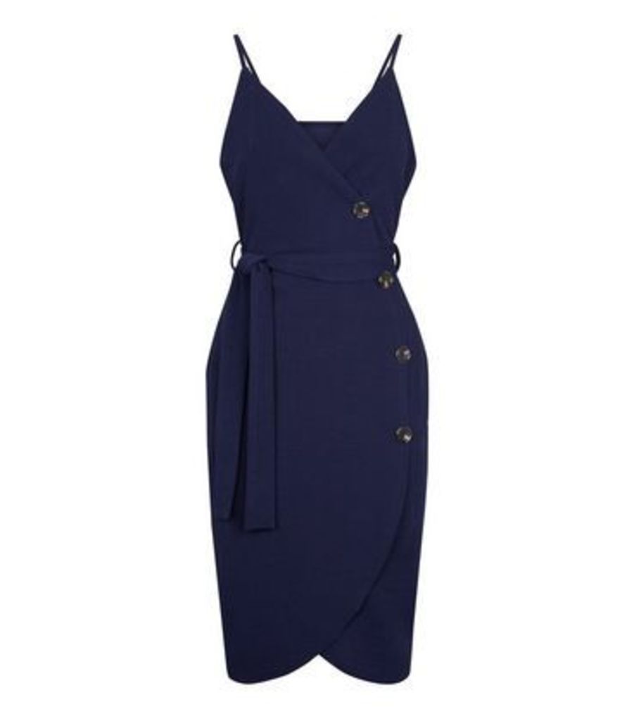 Navy Button Wrap Front Dress New Look