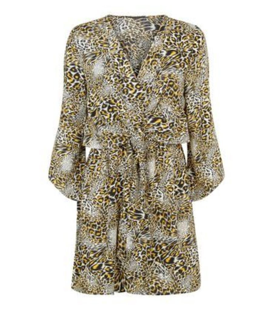 Yellow Leopard Print Wrap Dress New Look