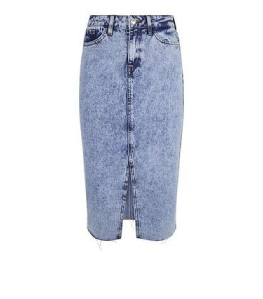 Blue Acid Wash Fray Hem Denim Midi Skirt New Look