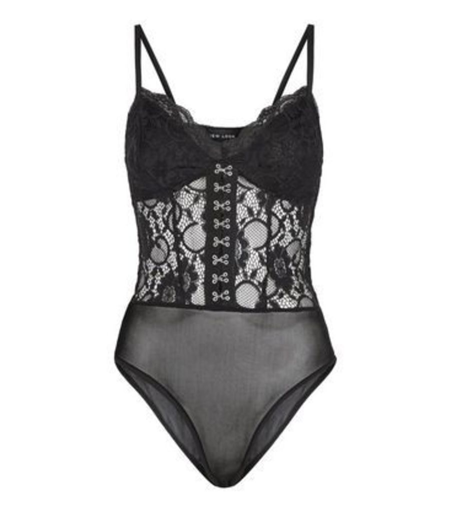 Black Lace Hook and Eye Bodysuit New Look