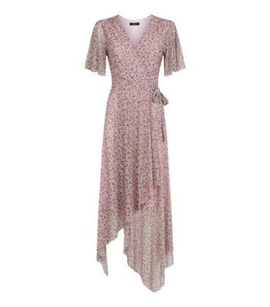 Pink Ditsy Floral Mesh Wrap Midi Dress New Look
