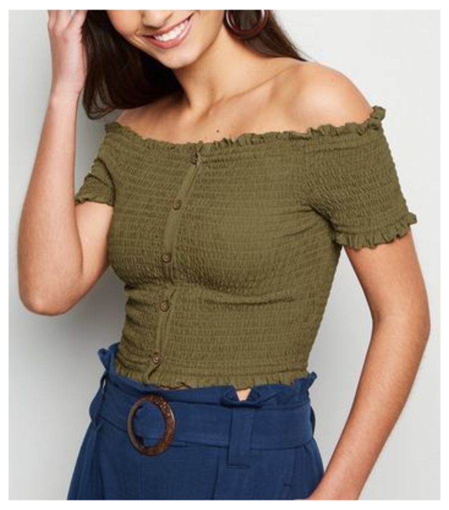 Khaki Shirred Button Front Bardot Top New Look