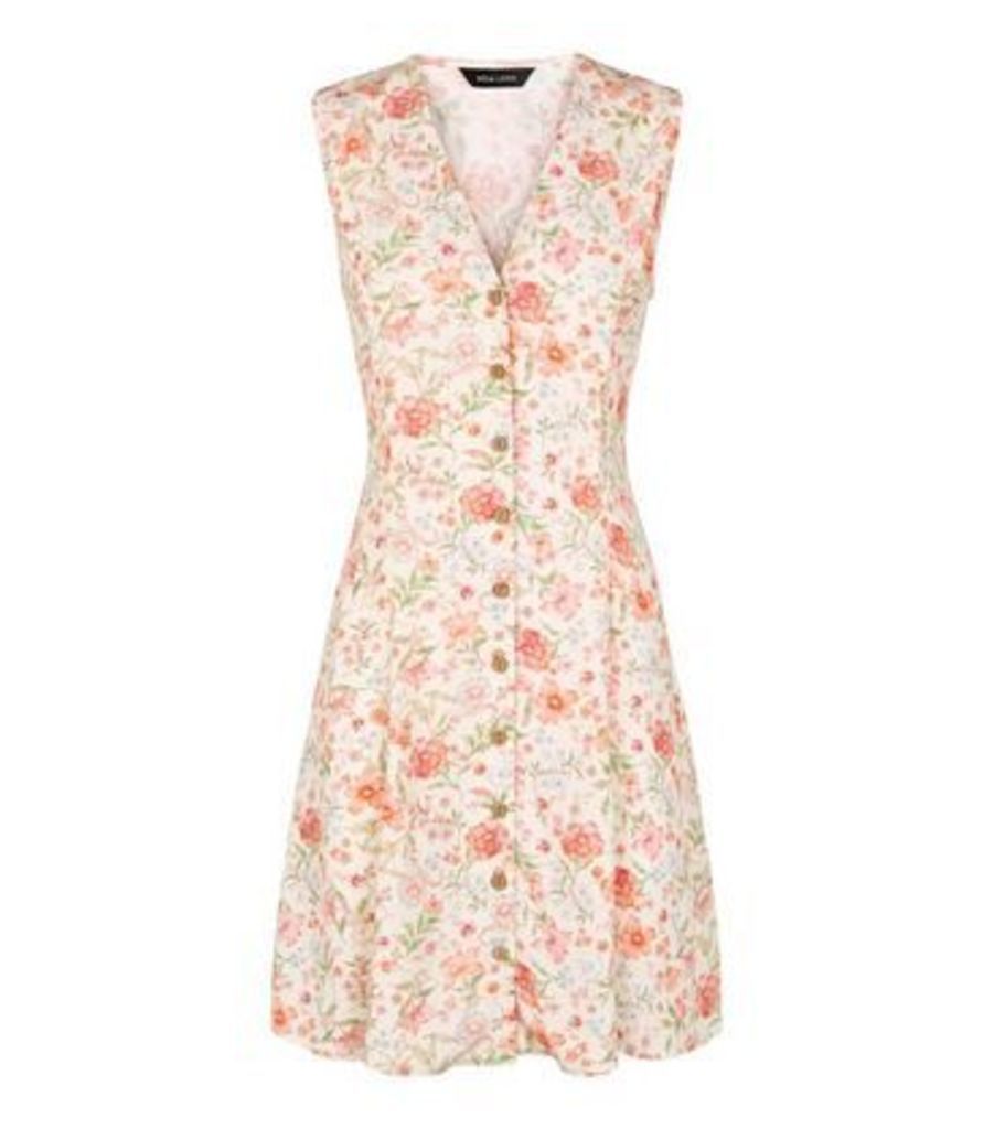 White Floral Button Up Sleeveless Tea Dress New Look