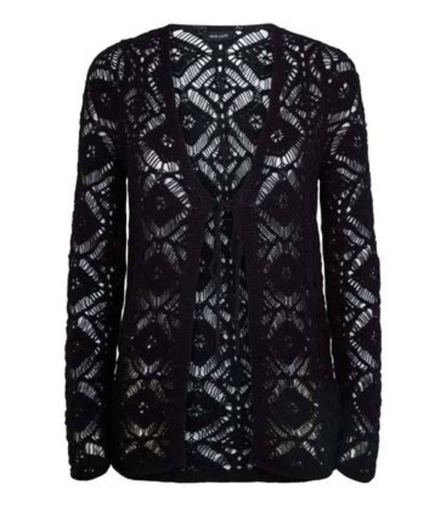 Black Crochet Tie Front Cardigan New Look
