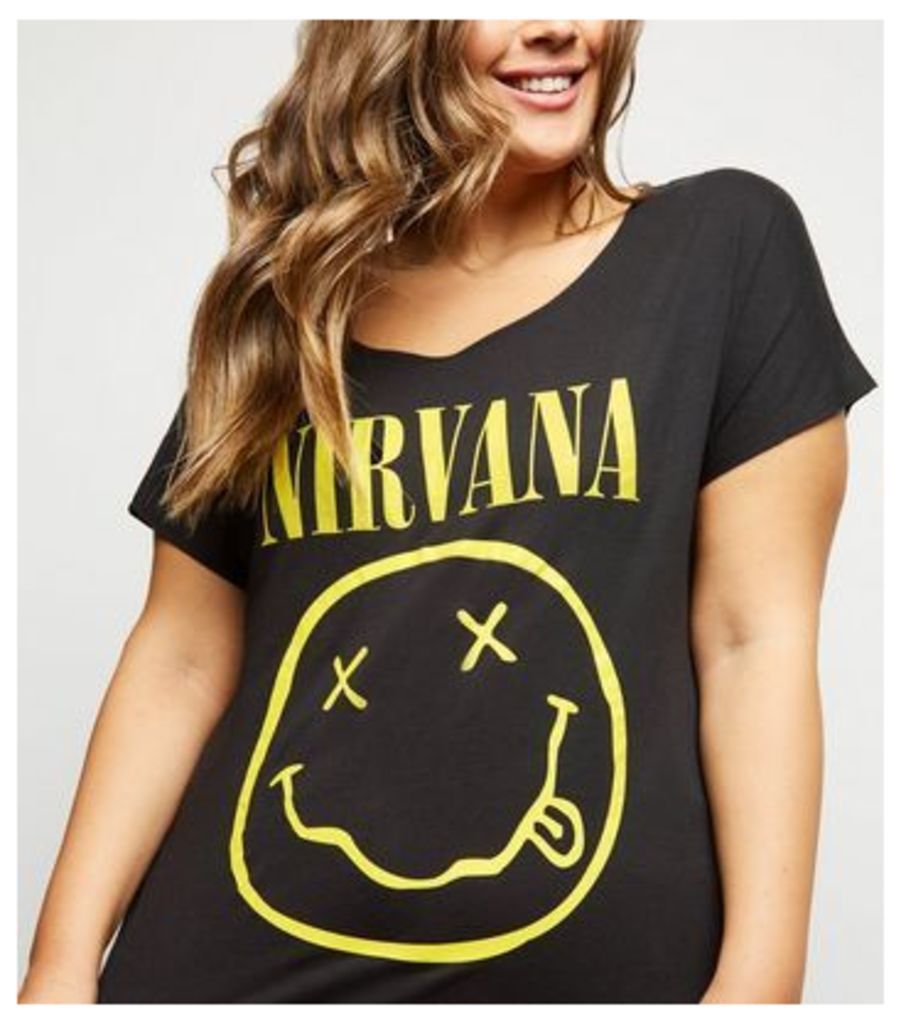 Curves Black Nirvana Logo T-Shirt New Look