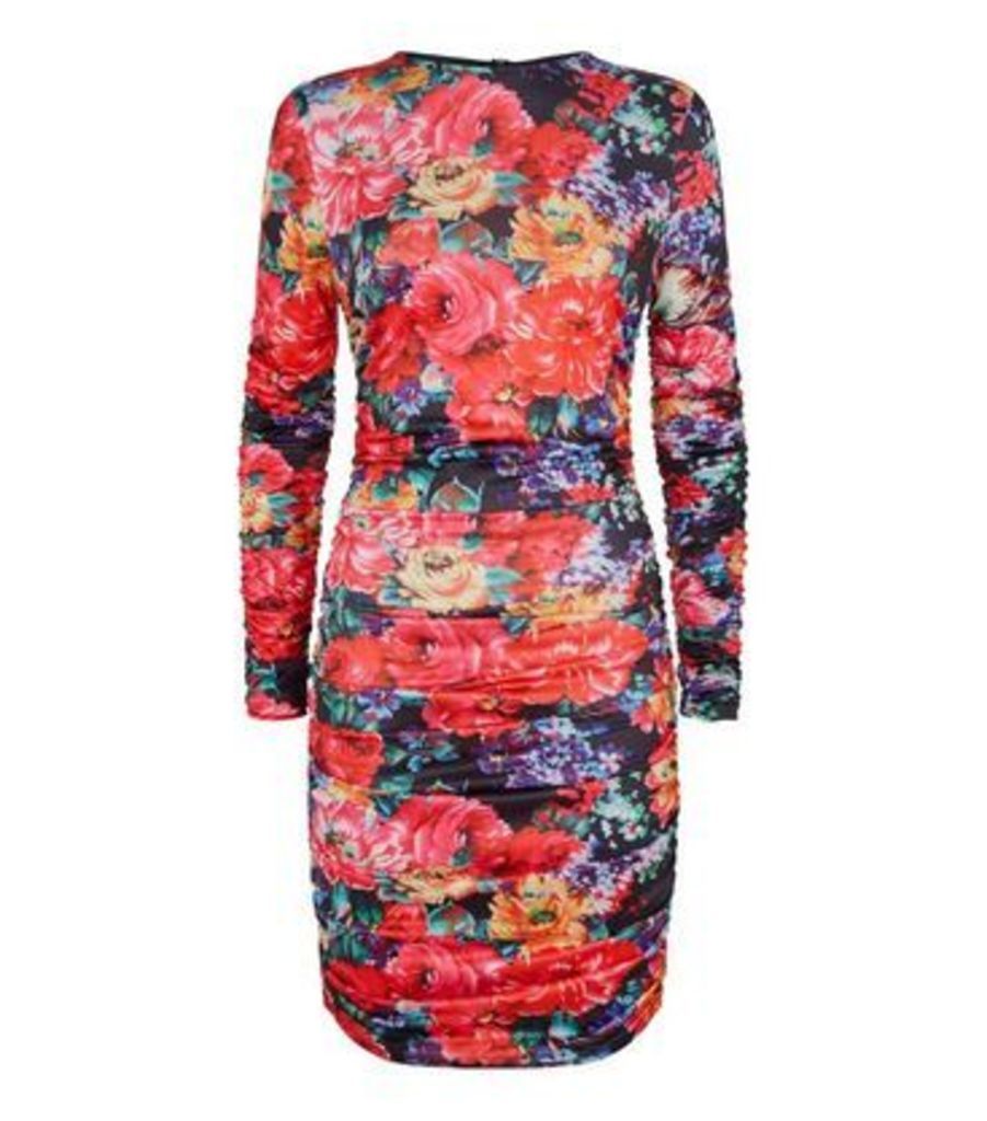 Pink Floral Ruched Bodycon Dress New Look