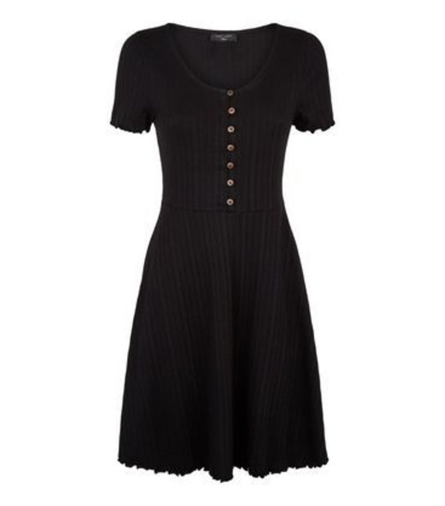 Tall Black Ribbed Button Up Skater Dress New Look
