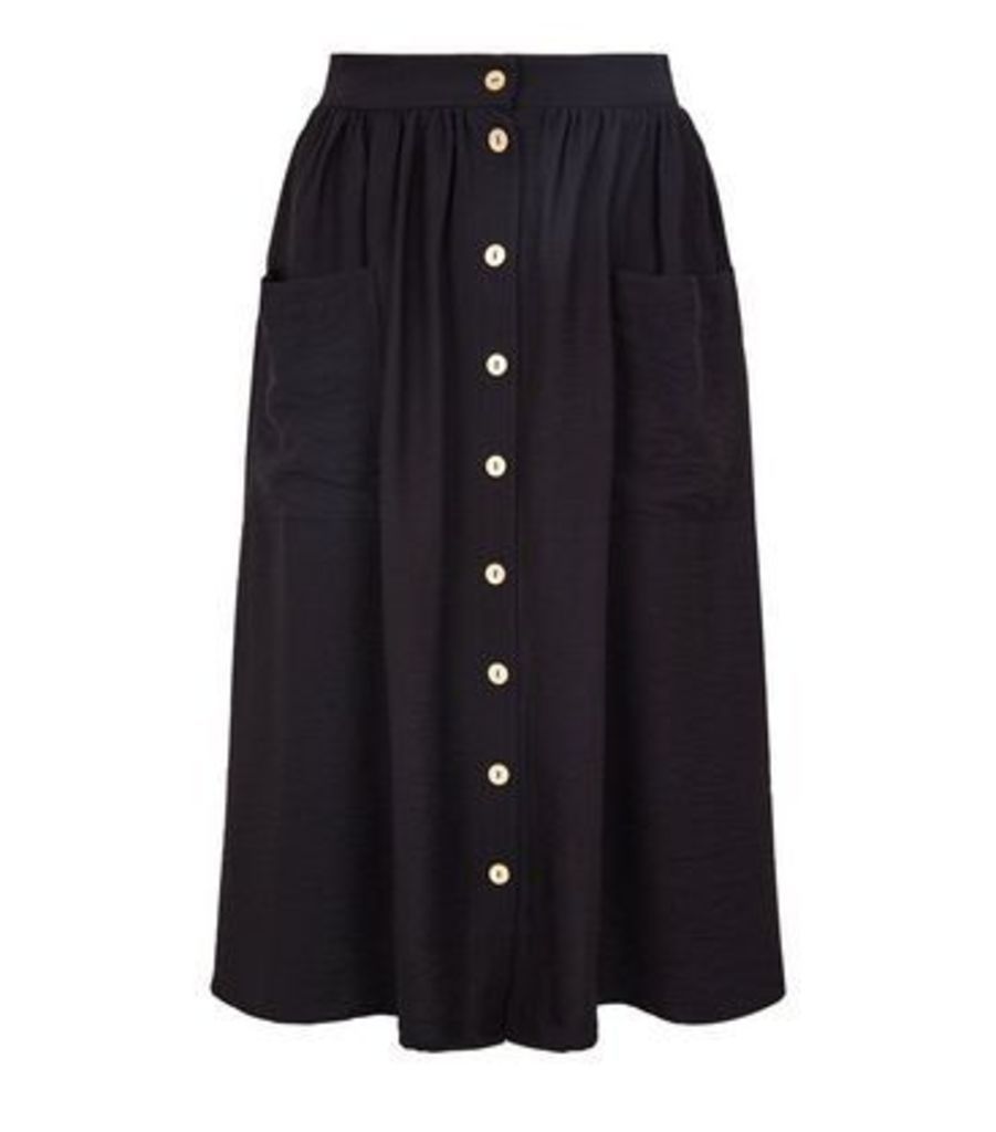 Petite Black Twill Button Front Midi Skirt New Look