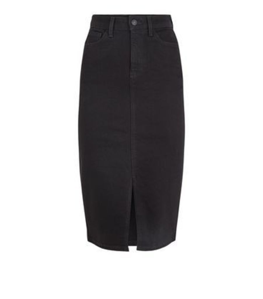 Black Front Split Denim Midi Skirt New Look