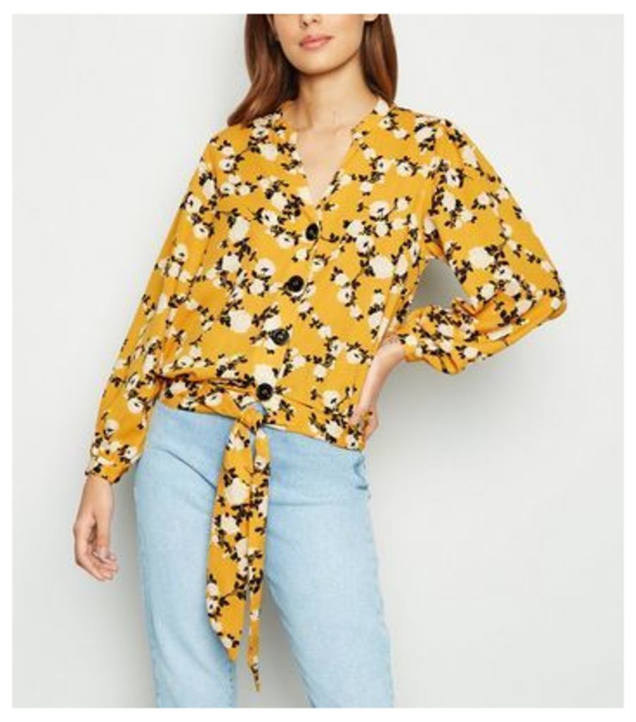Yellow Floral Tie Front Blouse New Look