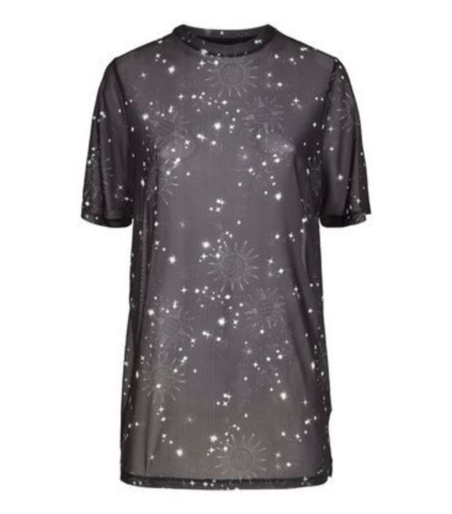 Black Cosmic Print Mesh T-Shirt New Look