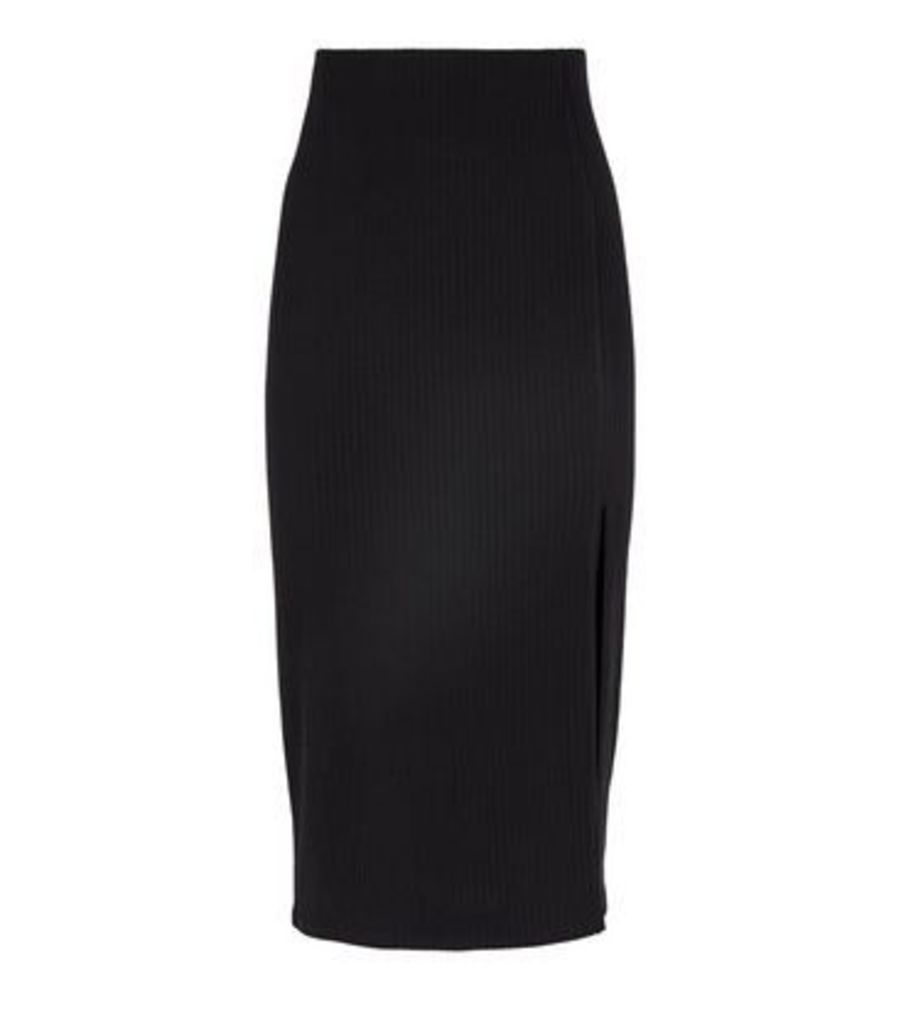 Petite Black Ribbed Midi Skirt New Look