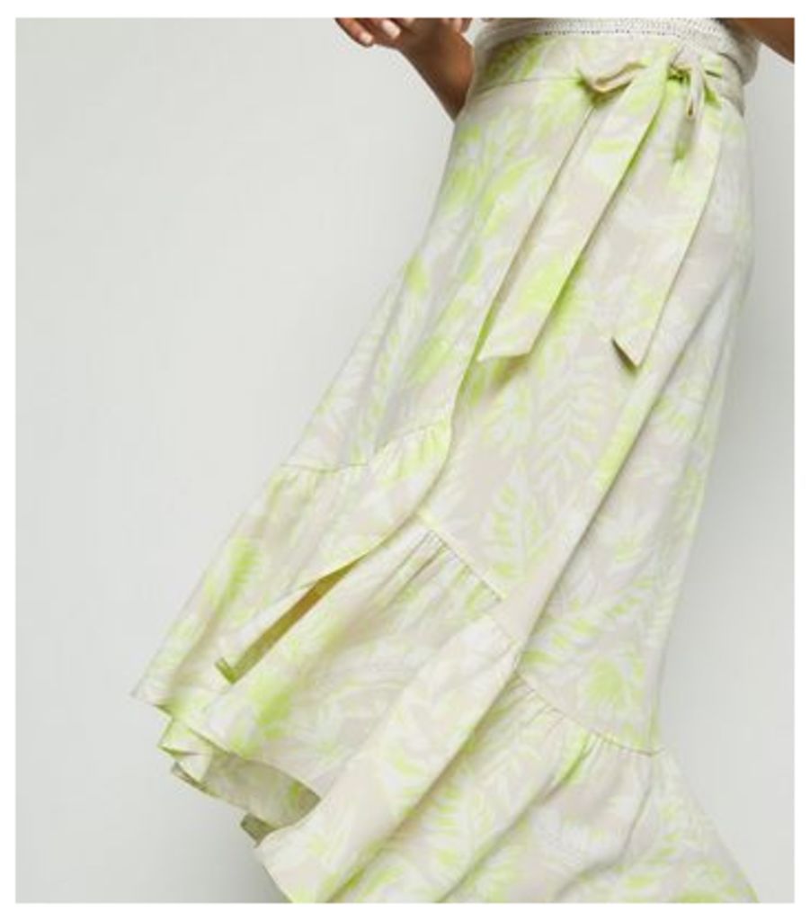 Green Tropical Ruffle Hem Midi Skirt New Look