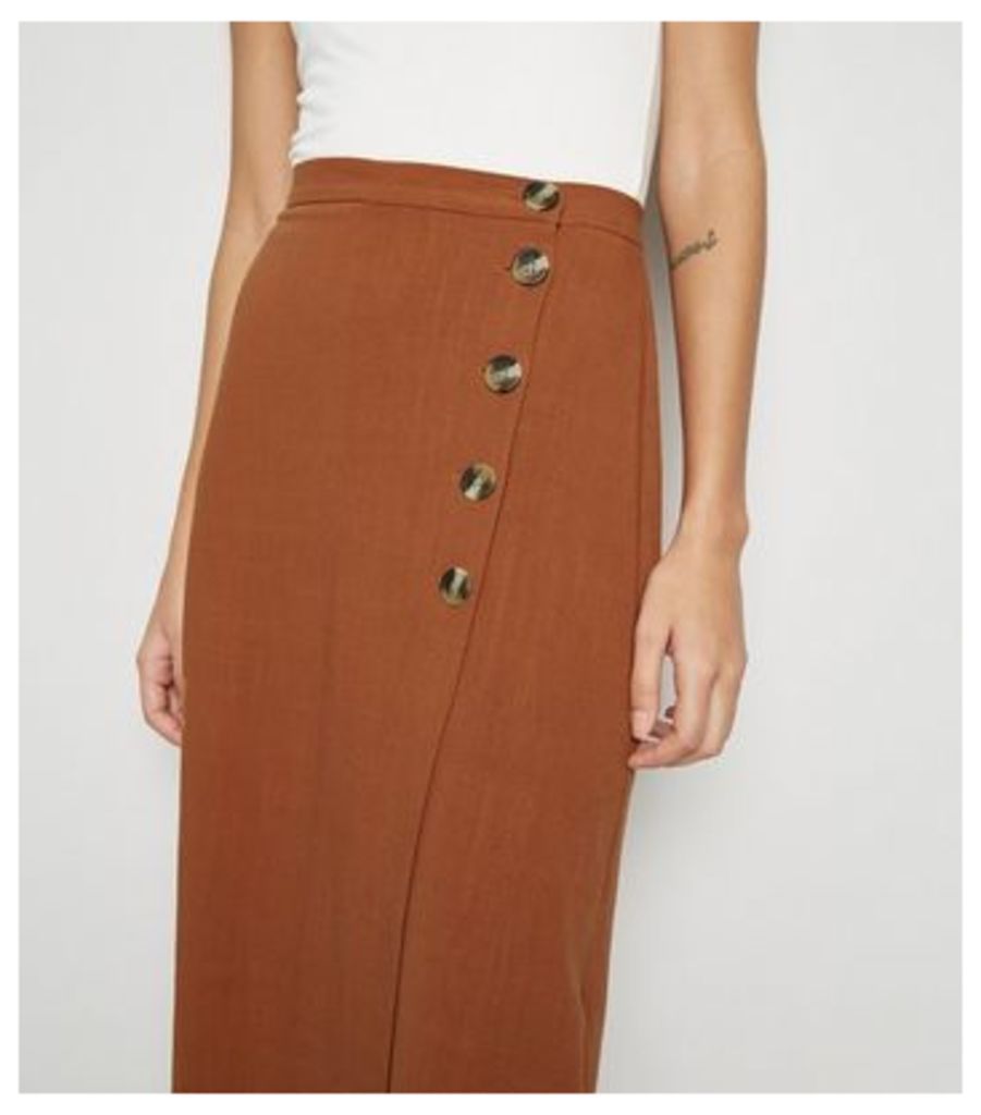 Rust Linen Look Button Up Midi Skirt New Look