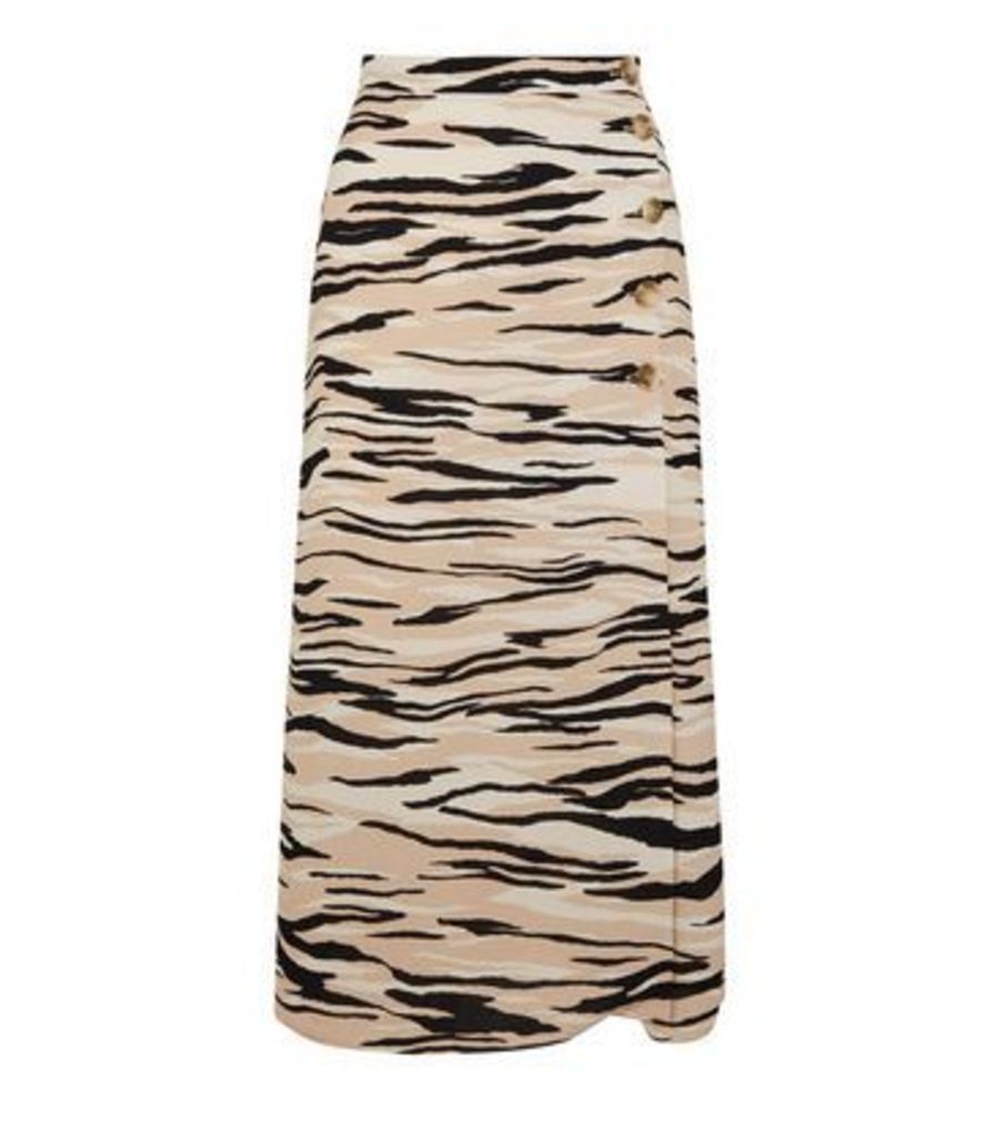 Brown Tiger Print Button Front Midi Skirt New Look
