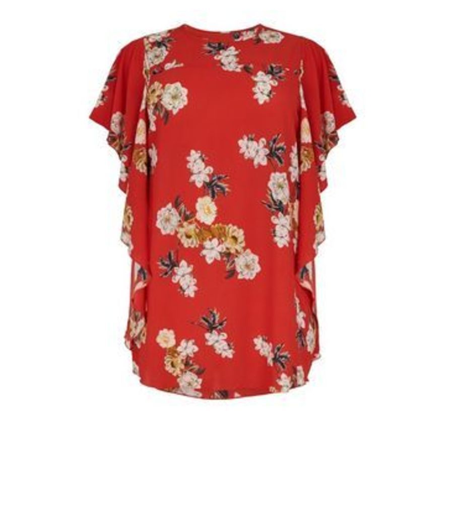 Mela Curves Red Floral Waterfall Sleeve Blouse New Look