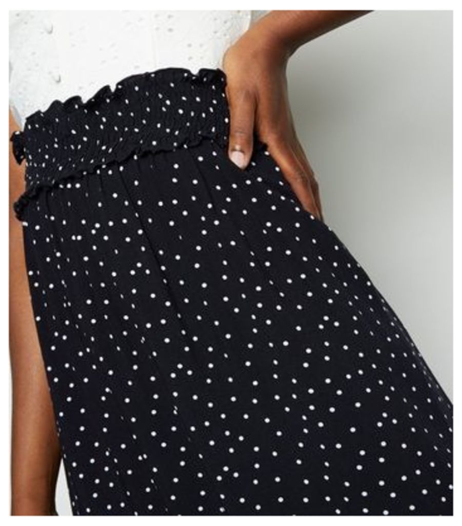 Black Spot Shirred Waist Midi Skirt New Look