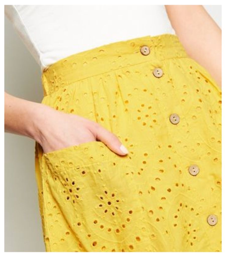 Yellow Broderie Pocket Front Midi Skirt New Look