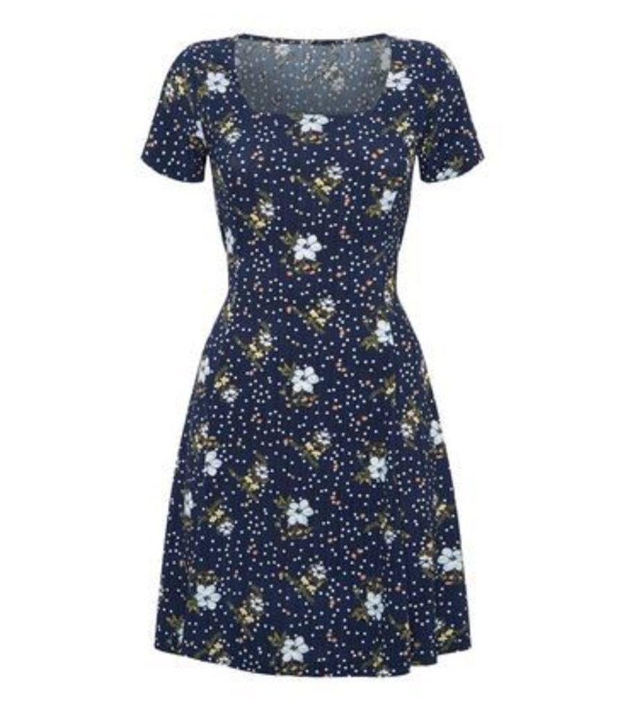 Navy Floral Square Neck Swing Dress New Look